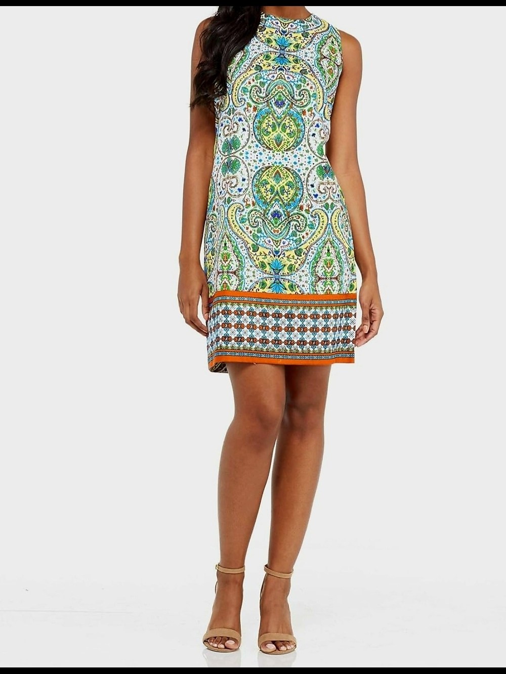 London Times Paisley Border-Trim Sleeveless Mini Dress in Green, Blue and Orange
